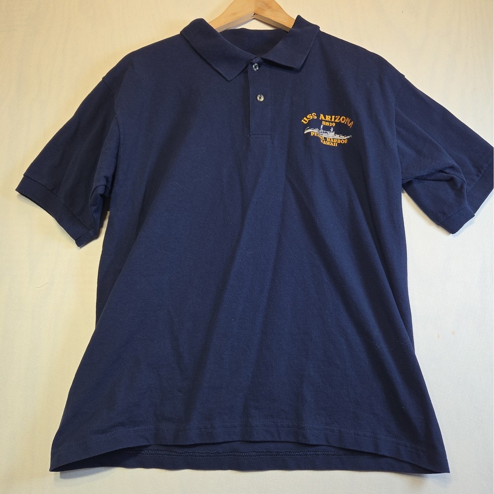 Pearl Harbor Uss Arizona Polo Shirt Men Large Blue Short Sleeve